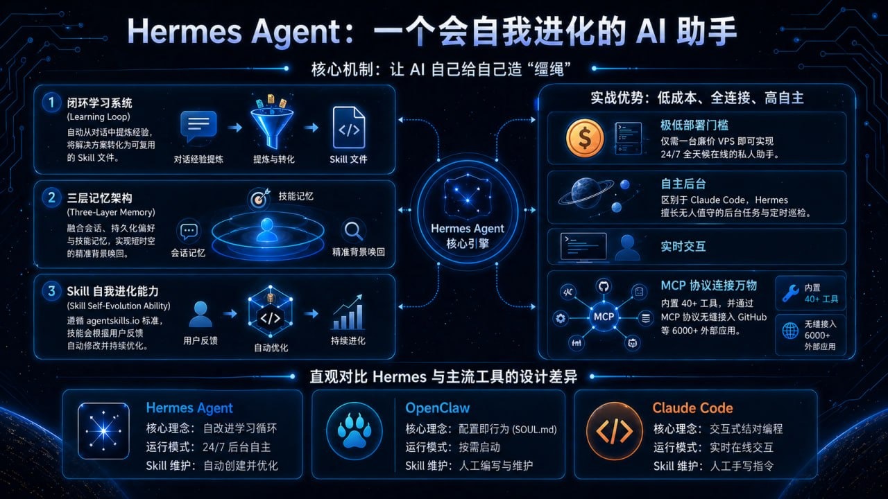 Hermes Agent 能力总览：闭环学习、三层记忆、Skill 自我进化、MCP 连接、低成本部署以及与 OpenClaw 和 Claude Code 的差异